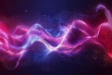 Poster - A colorful abstract digital backdrop featuring curved neon lines and dots, with cosmic fabric waves on a dark blue and purple background