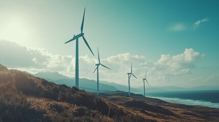 Wall Mural - Wind Turbines on Coastal Hill with Panoramic View