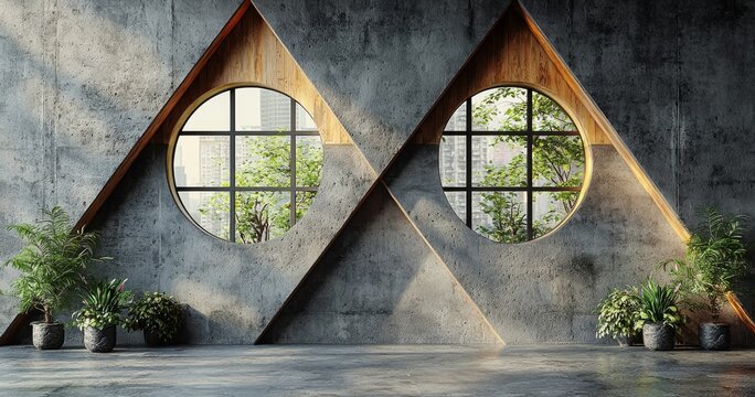 A smooth and minimalist interior featuring abstract concrete and wood elements, set against an architectural backdrop, rendered in 3D