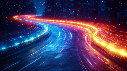 Aufkleber - A blue abstract background adorned with colorful light trails, symbolizing a futuristic dynamic data flow in technology, shown as a vibrant energy stream
