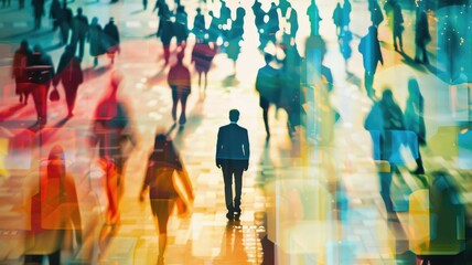 Poster - An abstract depiction of people moving through a bustling urban environment, emphasizing the dynamic nature of city life and organizational culture.