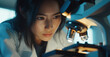 © GustavsMD - Young scientist in a lab coat intensely analyzing a sample under a microscope in a laboratory setting.
