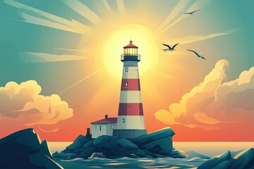 Canvas Print - Lighthouse Sunset Seascape Coastal Scene With Birds