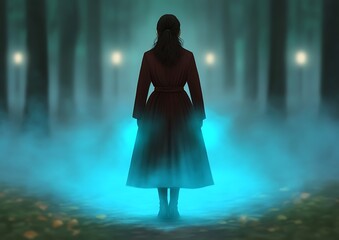 Canvas Print - Woman in red coat stands in a misty forest path at night, illuminated by soft blue light from unseen source.