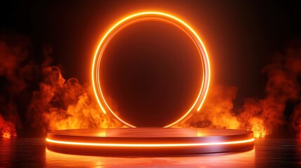Aufkleber - A vibrant neon circular frame glowing in smoky ambiance, perfect for digital art.