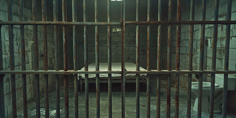 Old rusted prison bars showing empty prison cell interior locked with bed and toilet. 