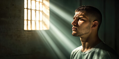 Wall Mural - Portrait of a sad male inmate in prison uniform looking at sunlight shining through a prison window with bars. Concept of hope for freedom