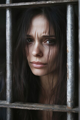 Portrait of a sad woman criminal behind the bars of a prison cell. Female colony, arrest, sentence of imprisonment