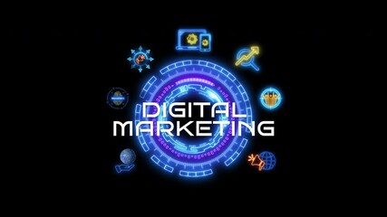 Glowing neon line banner of digital marketing concept with icons of branding, advertising, SEO, social media, devices, internet and target isolated on transparent background.