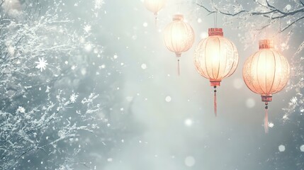Wall Mural - Serene Christmas and New Year banner with glowing lanterns, snowflakes and misty trees on a soft wintery gray background