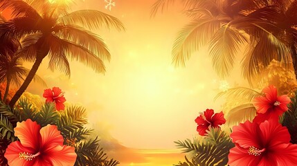 Wall Mural - tropical christmas and new year banner with golden palm trees, bright hibiscus flowers and a glowing