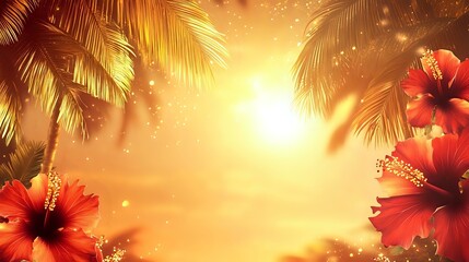 Wall Mural - tropical christmas and new year banner with golden palm trees, bright hibiscus flowers and a glowing