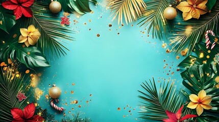 Wall Mural - tropical christmas and new year banner with festive palm leaves, gold accents and colorful tropical 