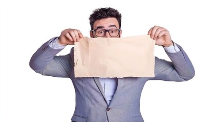 Poster - Businessman Methodically Examining and Analyzing Important Documents on Isolated White Background Demonstrating an Analytical and Problem Solving Approach to Business