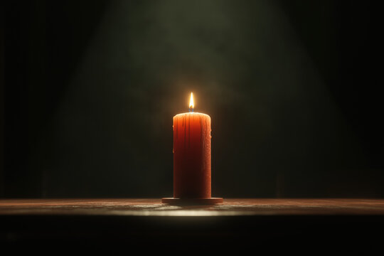 A single lit candle on a wooden surface in a dark room, creating a warm glow.