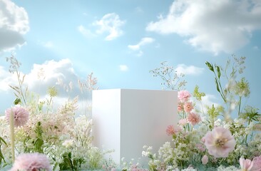 a white cube podium surrounded by pastel pink and green flowers