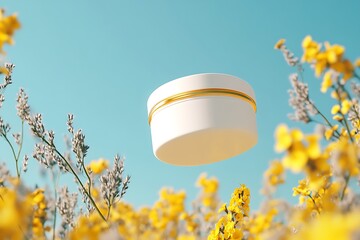 Canvas Print - A white skincare product is floating in the air, surrounded by yellow and purple flowers