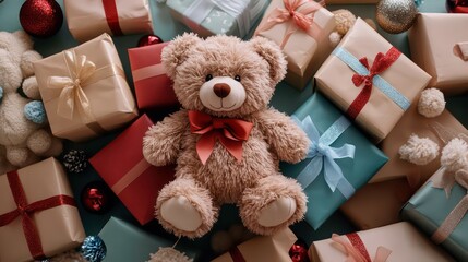 Wall Mural - A collection of gift boxes with a plush teddy bear in the center, celebrating Safe Toys Month