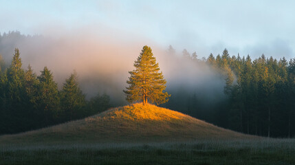Poster - Illuminated Pine Tree on a Misty Hill at Sunrise