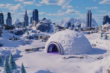 Poster - A cyberpunk-themed igloo glowing neon blue and purple, surrounded by futuristic structures and holographic Arctic elements