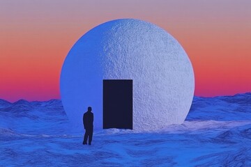 Aufkleber - A flat design of an igloo with a glowing entrance, set against a minimalist Arctic sunset gradient