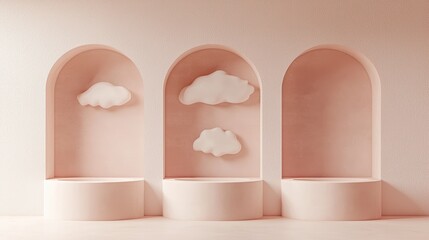 Aufkleber - Minimalist cloud display in soft pink archways modern interior art installation aesthetic view