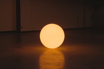 Poster - A glowing lightbulb in the center of a dark warehouse, casting dramatic shadows across the vast empty space