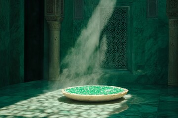 Poster - A gothic depiction of a shadowy bathroom with an intricately designed soap dish glowing softly in the dim light