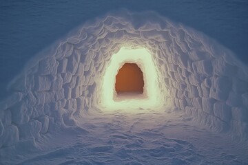 Aufkleber - A hyper-realistic close-up of an igloo entrance, with frost glistening on the snow bricks and warm light spilling out