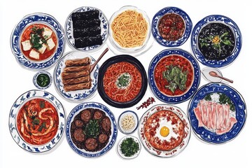 Poster - A playful flat illustration of an iftar meal with plates of vibrant food, drawn in bold colors against a white background