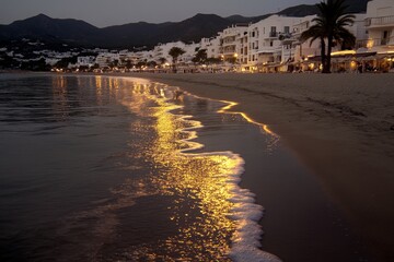 Poster - A serene Ibiza beach at sunrise, with golden light reflecting on calm waves and soft sand