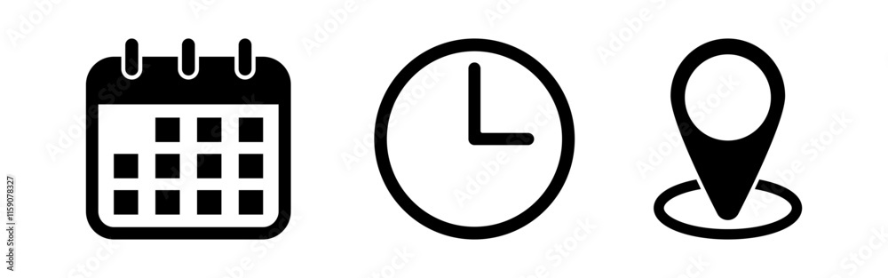 Vector illustration of Date, Time and Address icon set isolated on ...