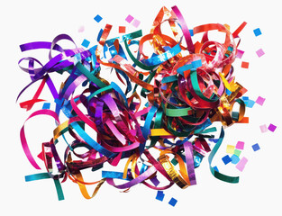 Poster - A collection of colorful streamers and confetti scattered, isolated on a white background, centered for a lively party icon