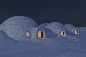 Poster - A vibrant 3D illustration of an igloo village, with realistic snow textures and dynamic lighting creating a cozy Arctic ambiance
