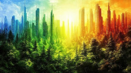 Poster - Vibrant 3D Cityscape with Bright Colors and Light
