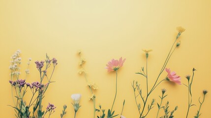Aufkleber - A charming wildflower bouquet on a gentle yellow background, flat design style, photo of