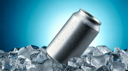 Wall Mural - A realistic mockup of an aluminum soda can, placed on ice with visible water droplets for a refreshing look