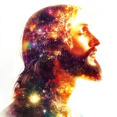 Wall Mural - jesus in an abstract biblical cosmic art style, radiant light and starry elements, isolated on white