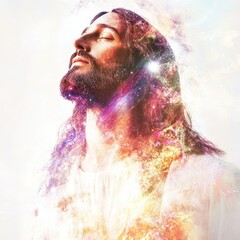Wall Mural - mystical biblical art of jesus, ethereal cosmic theme, soft glowing elements, isolated on white back