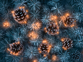 Poster - Frosted pinecones and glowing Christmas lights on evergreen branches for holiday dÃ©cor. Winter background