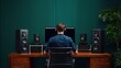 © CreativeLoom - A person working at a stylish desk with speakers and a computer in a modern studio.
