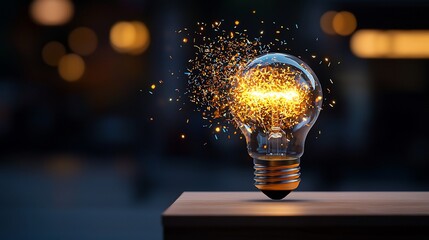 Glowing lightbulb with sparks on wood.