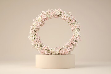 Canvas Print - A minimalist podium display with a pastel pink floral wreath