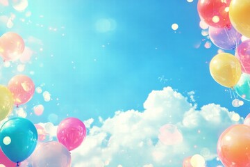 Poster - Cluster of colorful balloons dancing in a bright blue sky on a sunny day. Generative AI