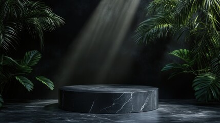 Poster - Dark Minimalist Stage with Dramatic Lighting and Tropical Foliage
