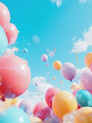 Poster - Colorful cluster of balloons floating in a bright blue sky on a sunny day in a joyful celebration atmosphere. Generative AI