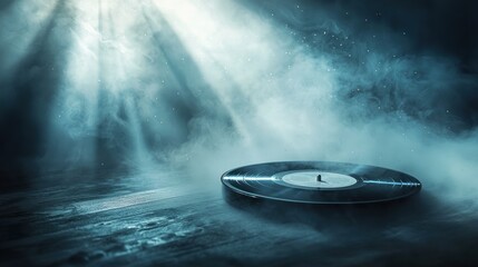 Poster - Vinyl record on smoky wooden surface with dramatic lighting.