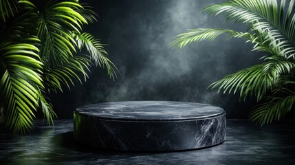 Poster - dark marble platform surrounded by lush green tropical leaves