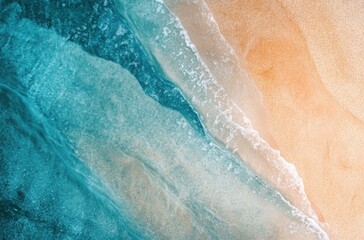 Poster - Serene Aerial View of Turquoise Ocean Waves Gently Rolling onto Golden Sandy Beach Under Bright Sunlight Perfect for Relaxation and Escape Themes