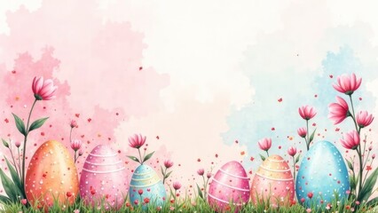 Aufkleber - Decorated Easter eggs and pink flowers are featured against a pastel watercolor background.
Concept of spring Easter design.